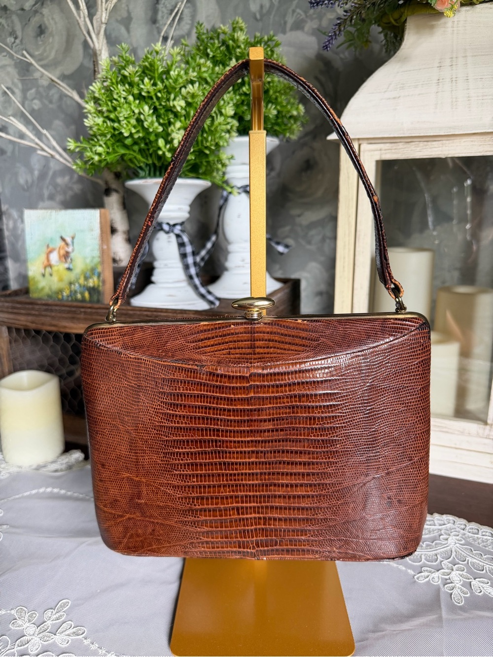 Vintage 1950's Escort Lizard Leather Top-Handle Handbag Purse